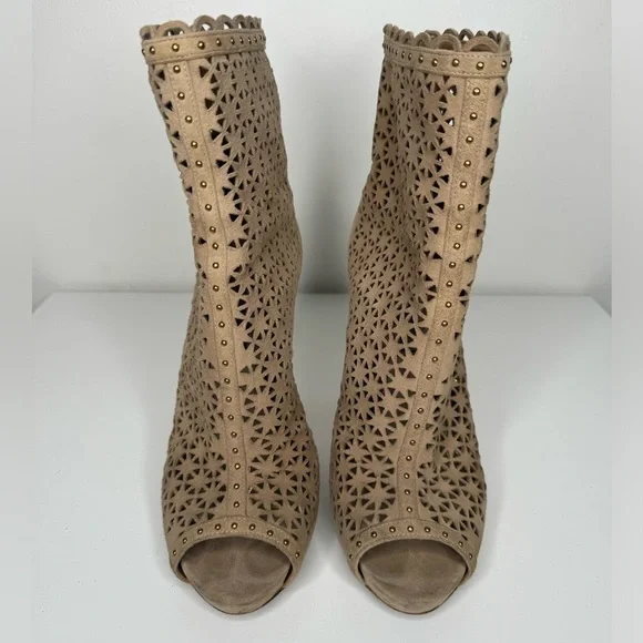 Prada Perforated Beige Suede Ankle Boots - Size 38.5